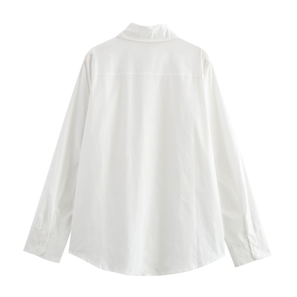 Women's Long Sleeve White Texture Floral Decorative Poplin Shirt
