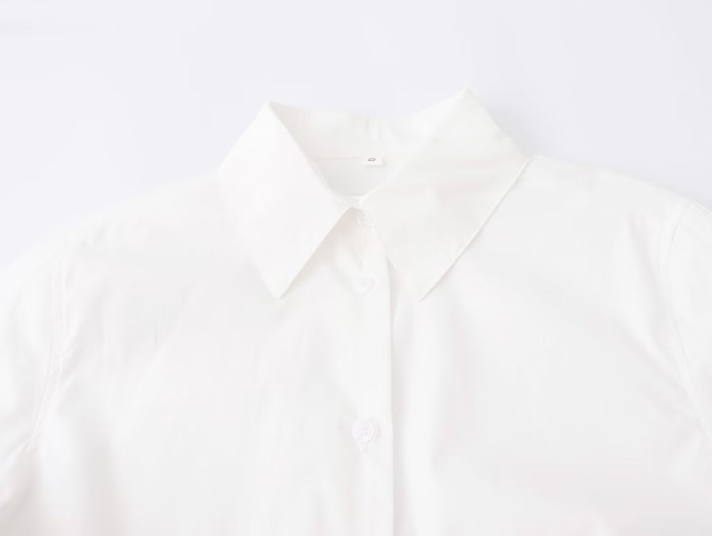 Women's Long Sleeve White Texture Floral Decorative Poplin Shirt