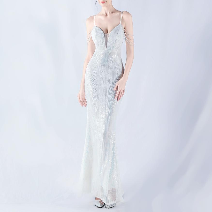 Women's Floral Sequin Beaded Strap Evening Dress