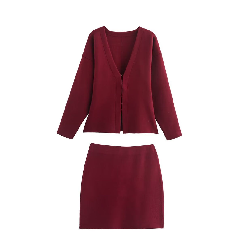 Women's Autumn Simple Knitting Slim Jacket and Skirt Two-Piece Set
