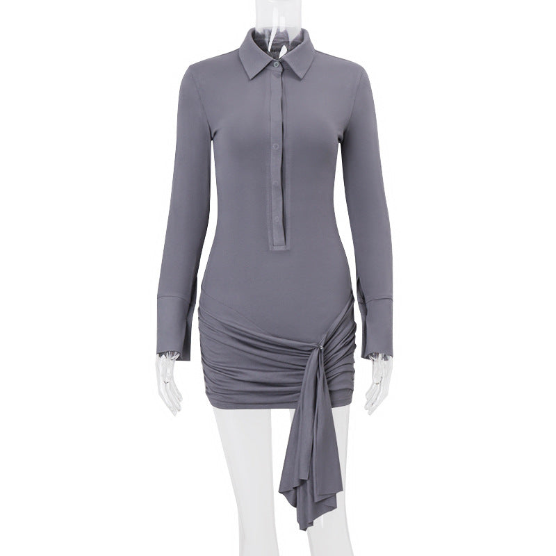 Polo Collar Breasted Solid Color Long Sleeve Lace Up Hip Dress