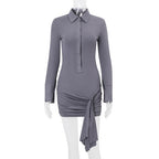 Polo Collar Breasted Solid Color Long Sleeve Lace Up Hip Dress