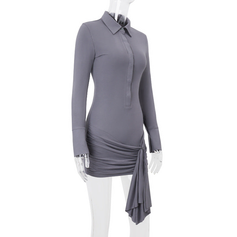 Polo Collar Breasted Solid Color Long Sleeve Lace Up Hip Dress