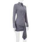 Polo Collar Breasted Solid Color Long Sleeve Lace Up Hip Dress