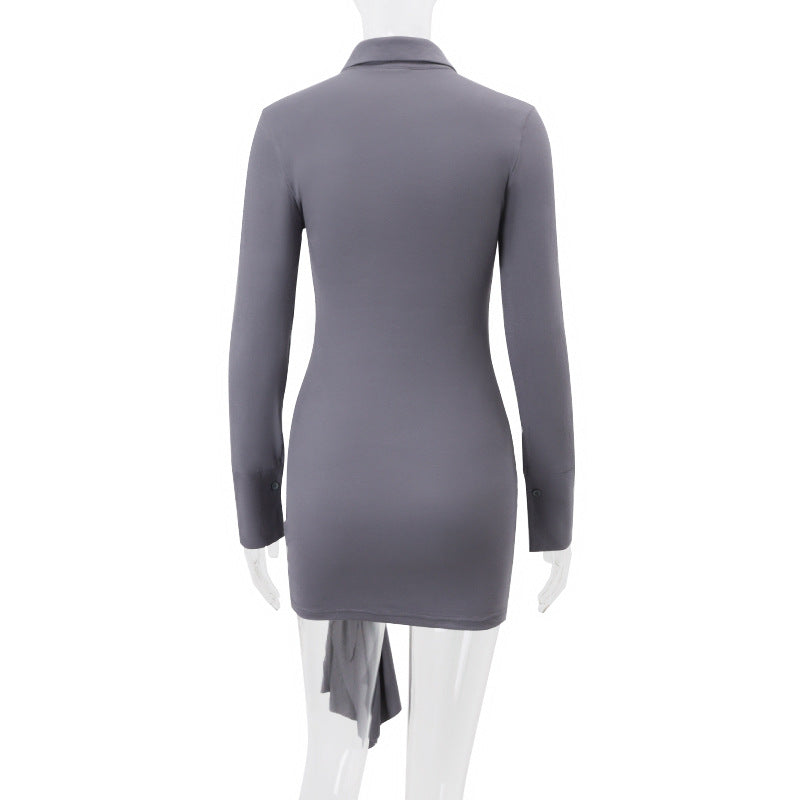 Polo Collar Breasted Solid Color Long Sleeve Lace Up Hip Dress