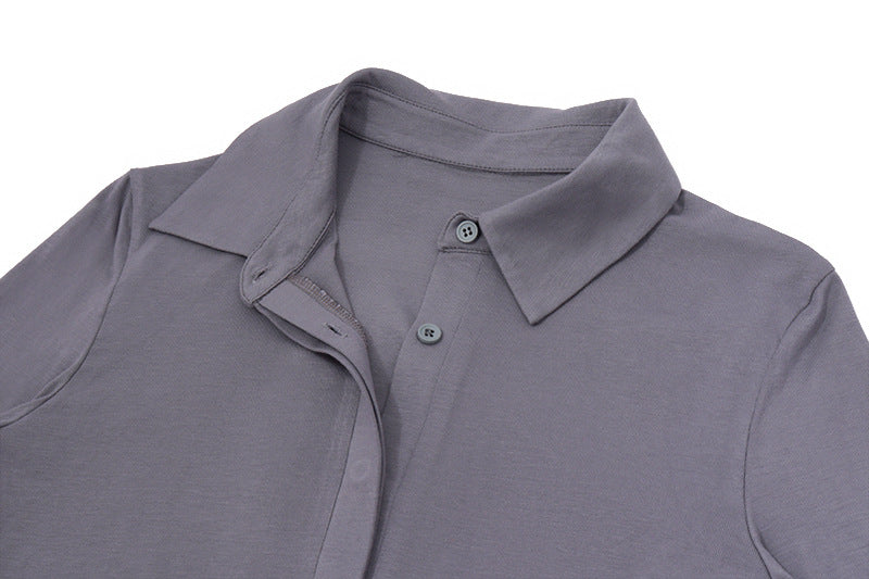 Polo Collar Breasted Solid Color Long Sleeve Lace Up Hip Dress