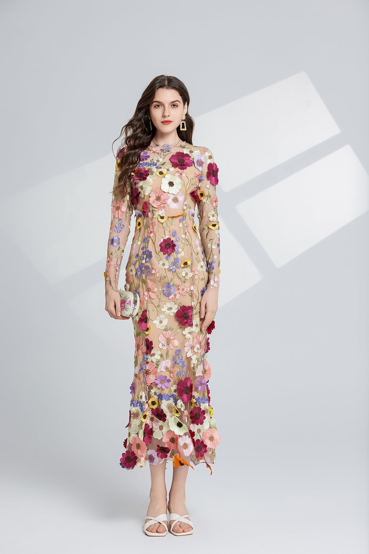 Floral Embroidered Long-Sleeve Maxi Dress