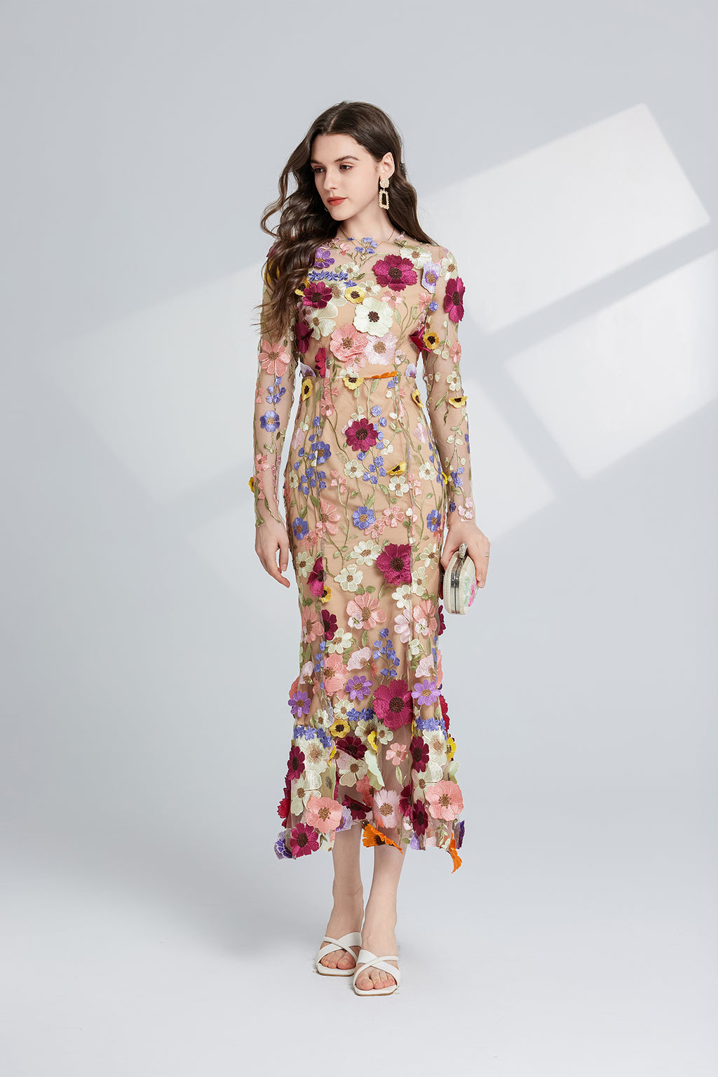 Floral Embroidered Long-Sleeve Maxi Dress