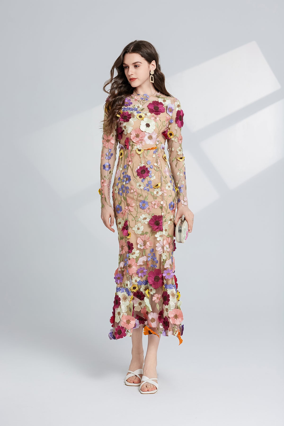 Floral Embroidered Long-Sleeve Maxi Dress