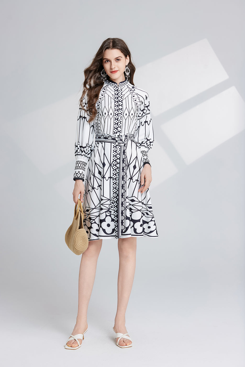 Women's Printed Stand-Collar A-Line Dress