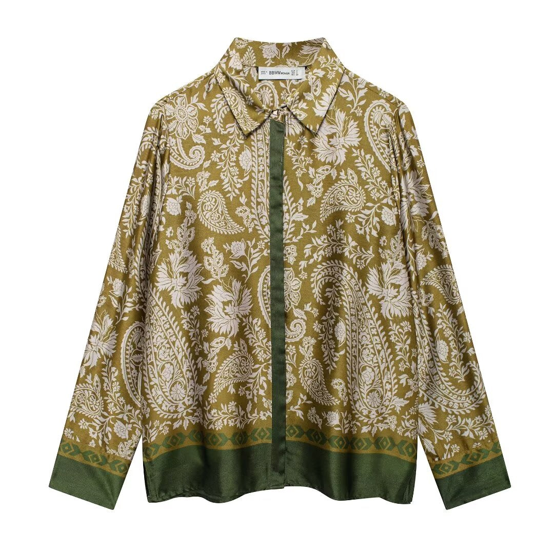 Women's Autumn Women's Casual Silk Satin Texture Printed Top Pants Set