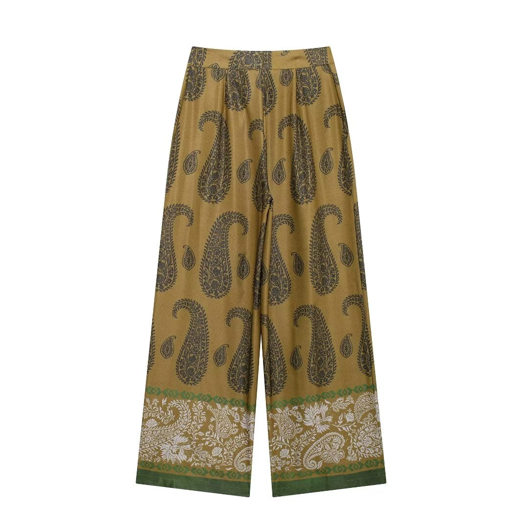 Women's Autumn Women's Casual Silk Satin Texture Printed Top Pants Set