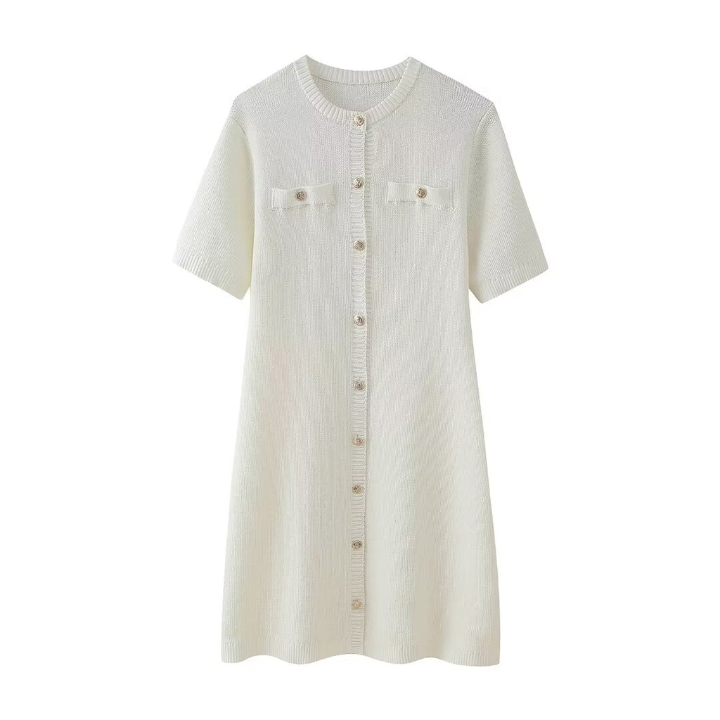 Women's Crew-Neck Button Pocket Mini Dress