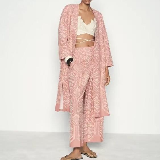 Women's French Sweet Embroidery Vacation Kimono Coat Pant Sets