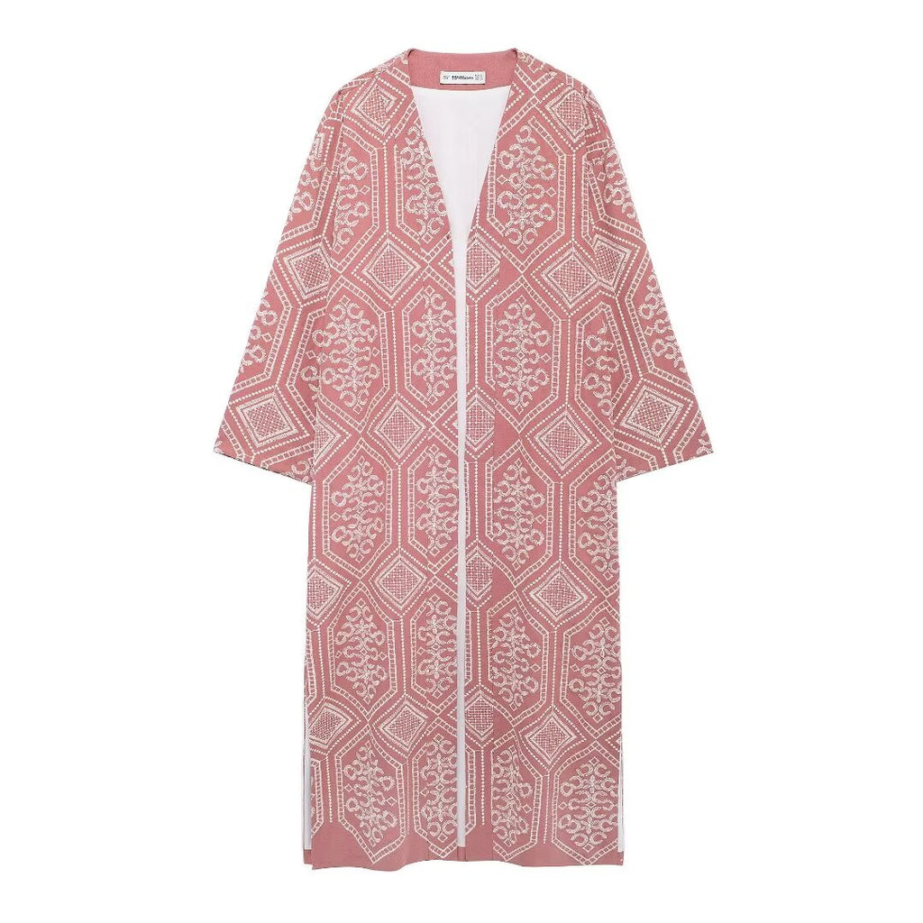 Women's French Sweet Embroidery Vacation Kimono Coat Pant Sets