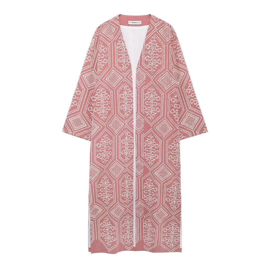 Women's French Sweet Embroidery Vacation Kimono Coat Pant Sets