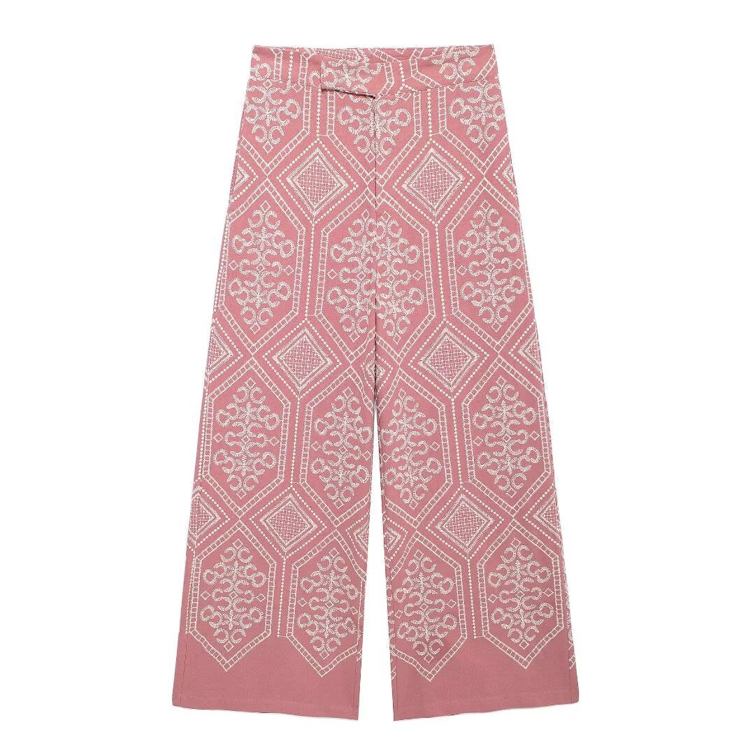 Women's French Sweet Embroidery Vacation Kimono Coat Pant Sets