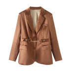 Elegant Belt Fitted Waist Turn Down Collar Long-Sleeve Blazer Pant Sets