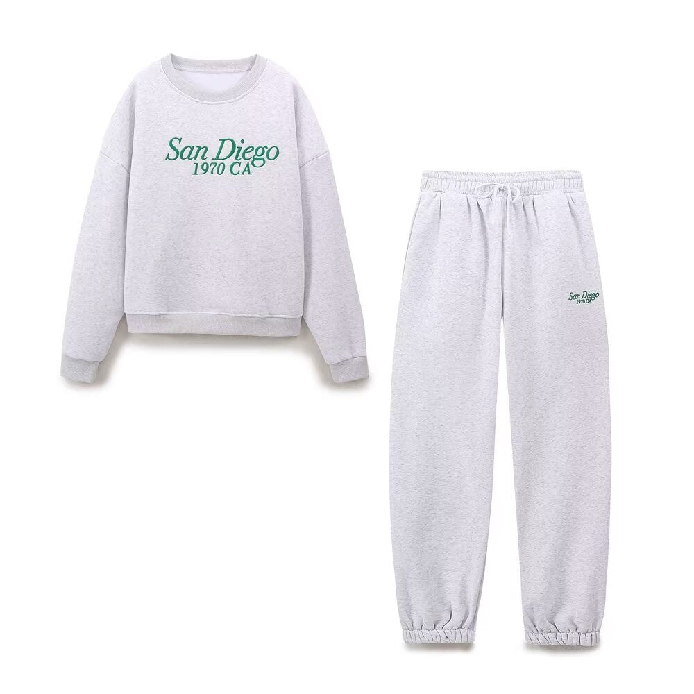 Winter Round-Neck Long-Sleeve Printed Sweatshirt Loose Jogging Sweatpants Set
