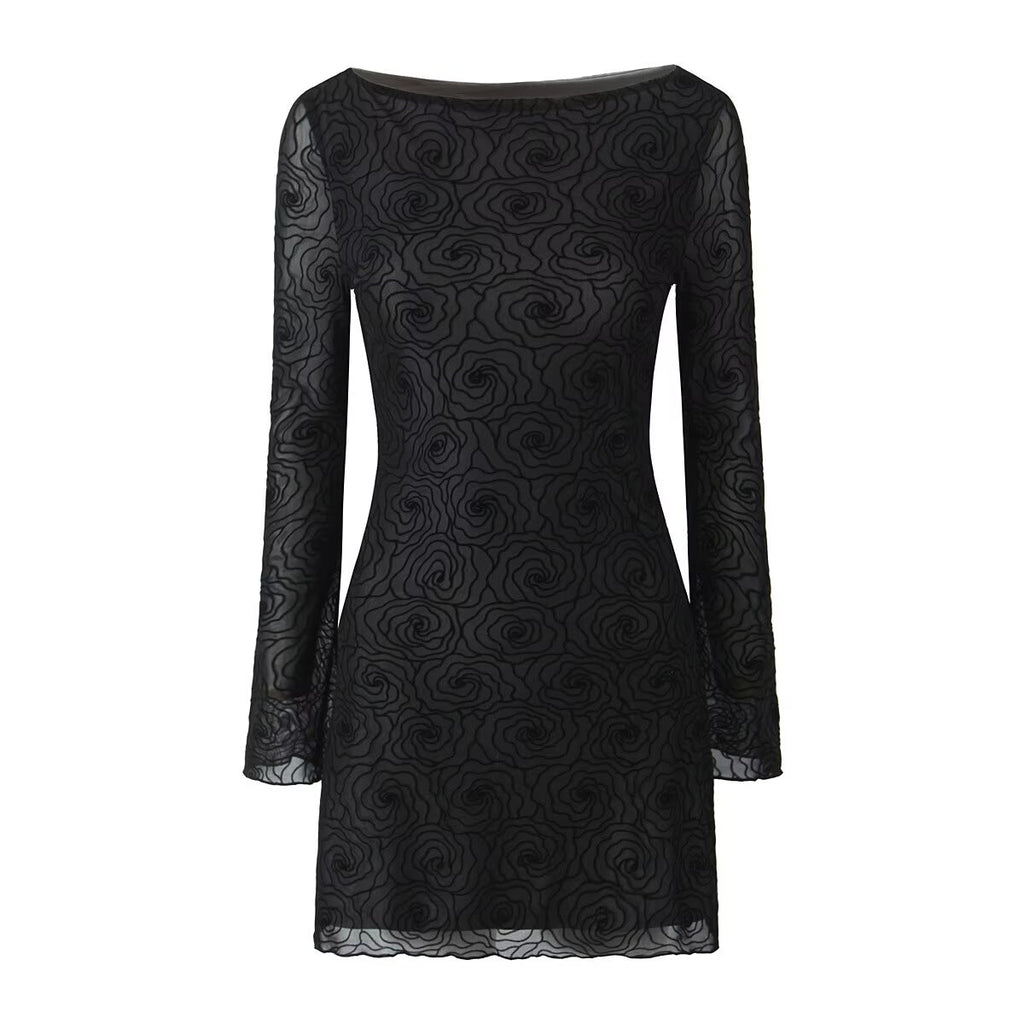 Women's Pure Black Floral Line Crew Neck Long Sleeve A Line Dress