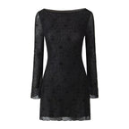 Women's Pure Black Floral Line Crew Neck Long Sleeve A Line Dress