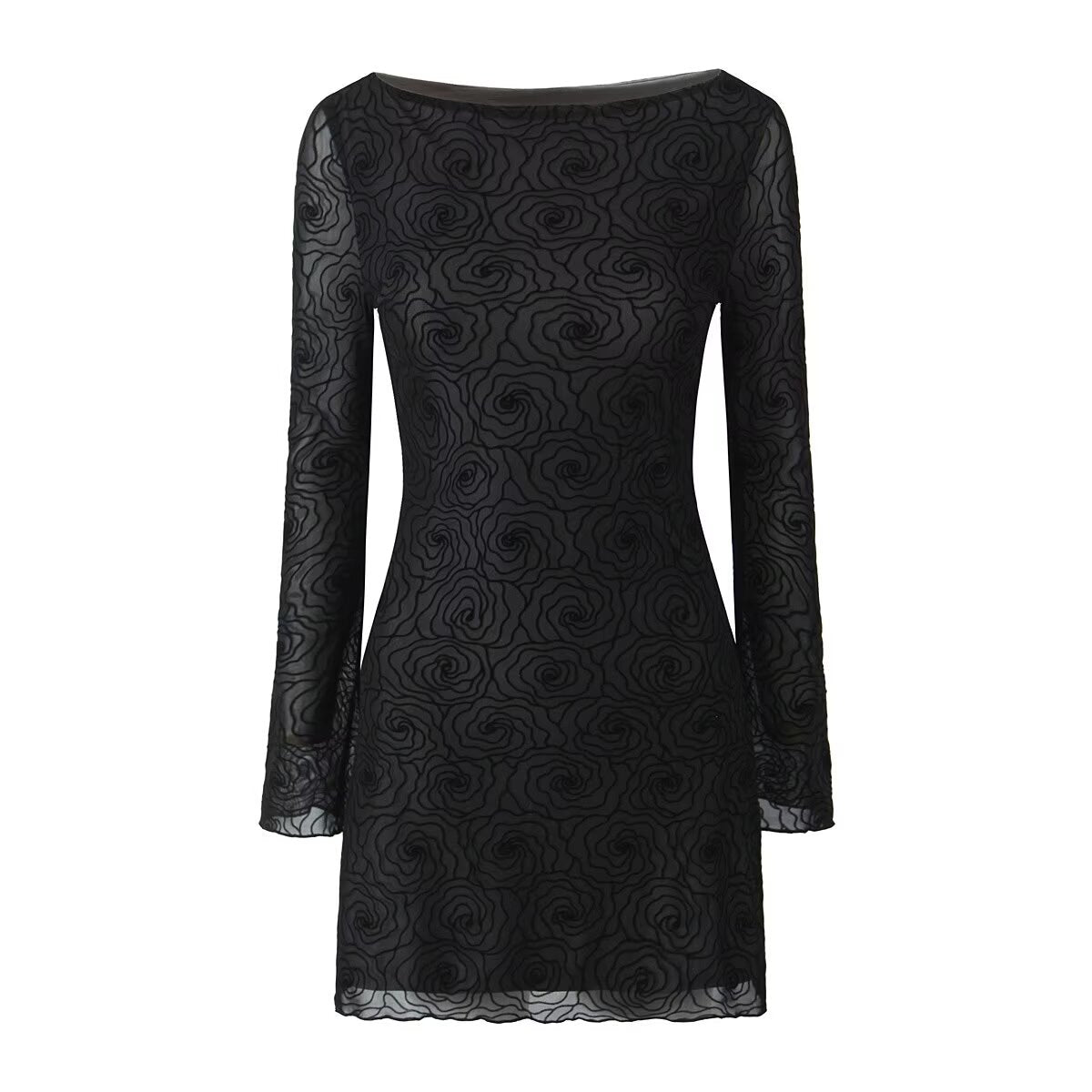 Women's Pure Black Floral Line Crew Neck Long Sleeve A Line Dress