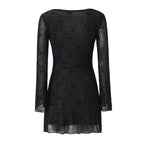 Women's Pure Black Floral Line Crew Neck Long Sleeve A Line Dress