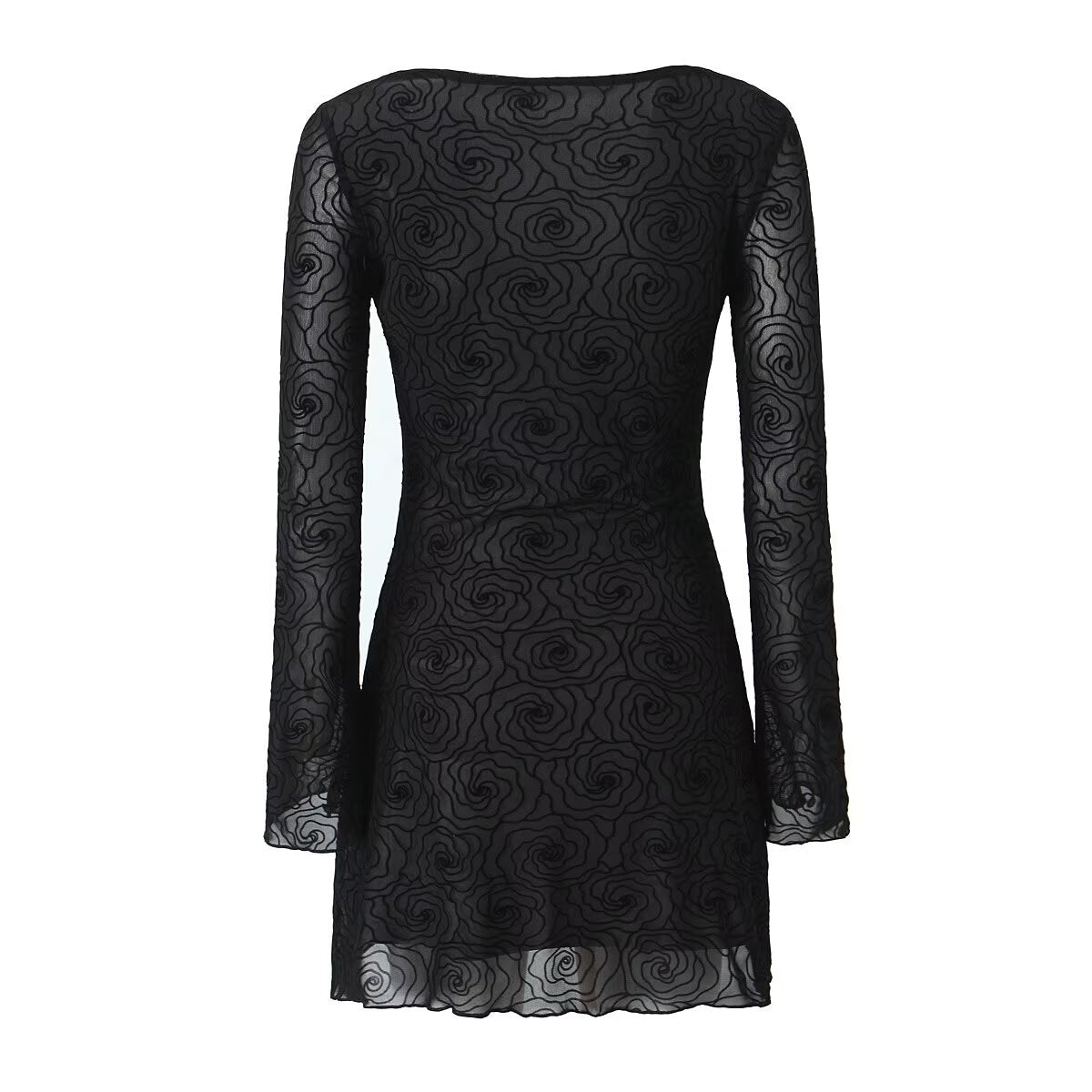 Women's Pure Black Floral Line Crew Neck Long Sleeve A Line Dress