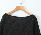 Women's Pure Black Floral Line Crew Neck Long Sleeve A Line Dress