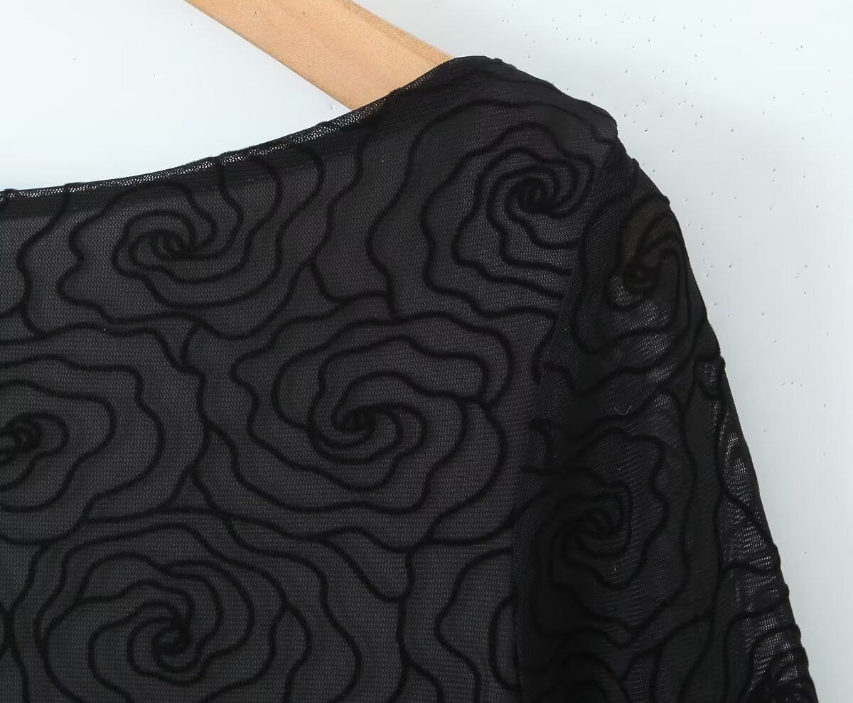 Women's Pure Black Floral Line Crew Neck Long Sleeve A Line Dress