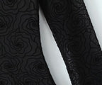 Women's Pure Black Floral Line Crew Neck Long Sleeve A Line Dress