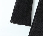 Women's Pure Black Floral Line Crew Neck Long Sleeve A Line Dress