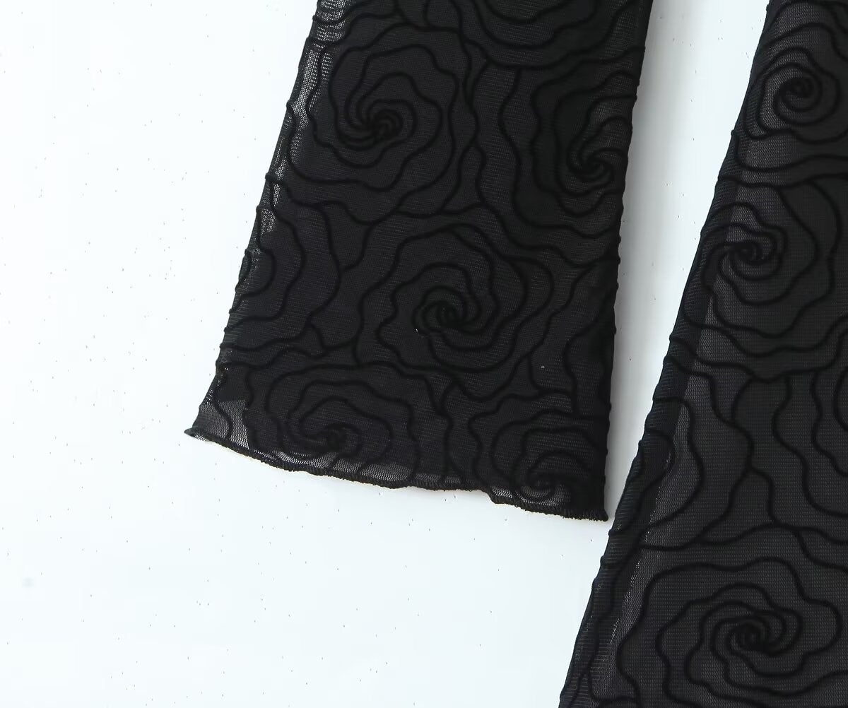 Women's Pure Black Floral Line Crew Neck Long Sleeve A Line Dress