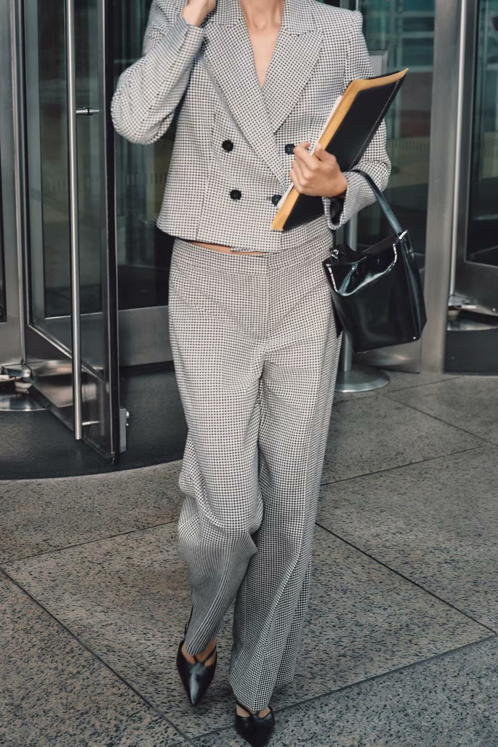 Autumn Houndstooth Short Blazer Wide Leg Pants Set
