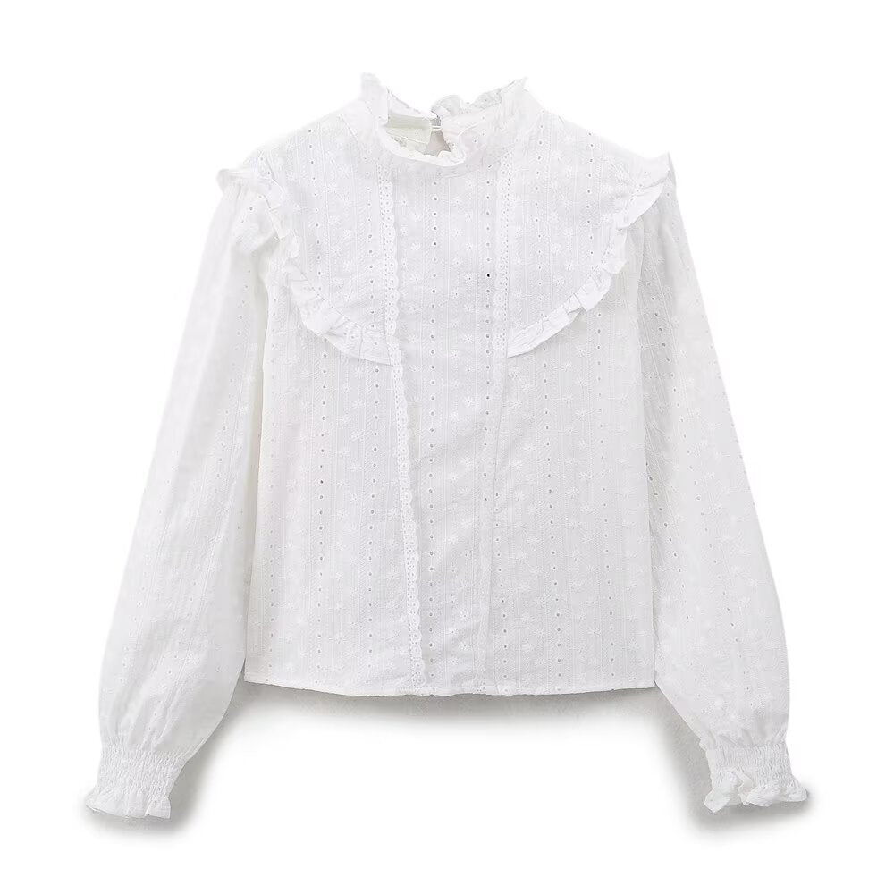 Women's Clothing Casual Lace French Cotton Round Neck Embroidered Shirt