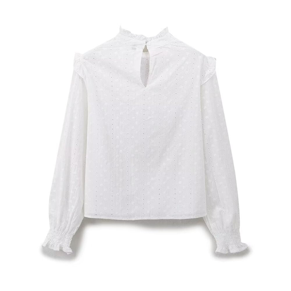 Women's Clothing Casual Lace French Cotton Round Neck Embroidered Shirt