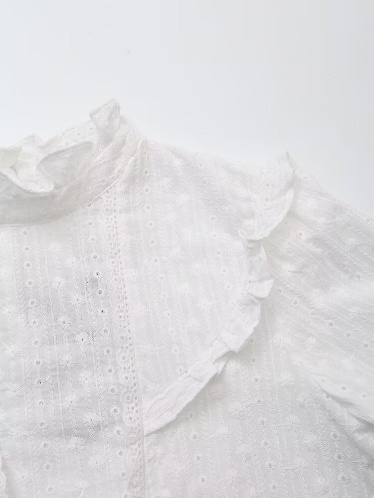 Women's Clothing Casual Lace French Cotton Round Neck Embroidered Shirt