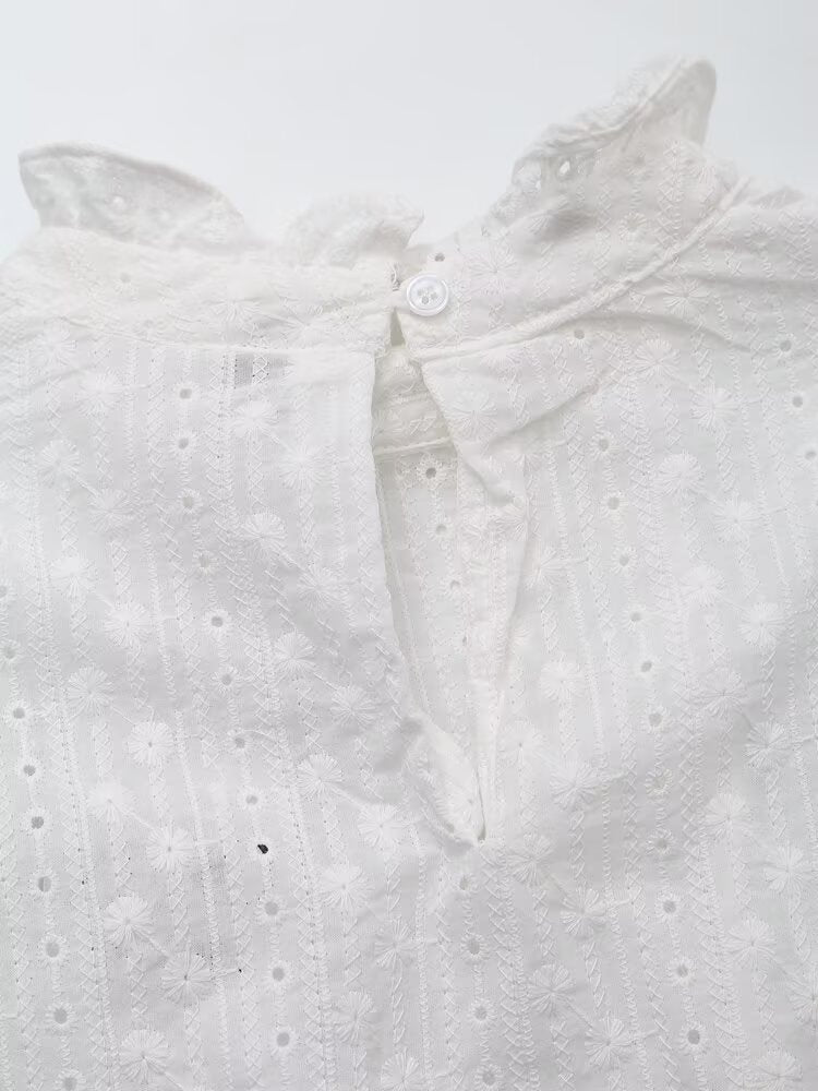 Women's Clothing Casual Lace French Cotton Round Neck Embroidered Shirt