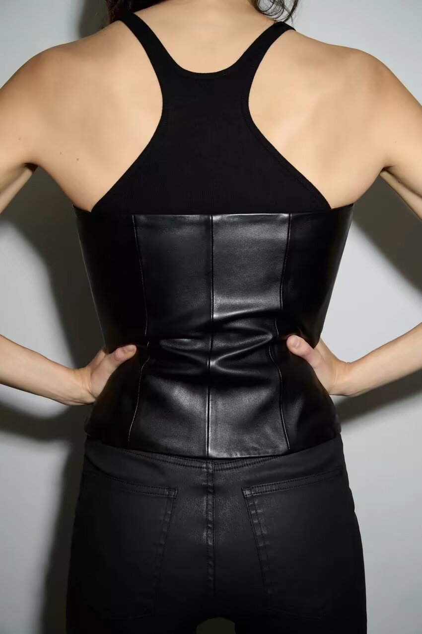 's Single Breasted Short Faux Leather Off Neck Tight Backless