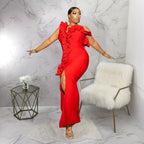 Women's One-Shoulder Ruffle Split Dress