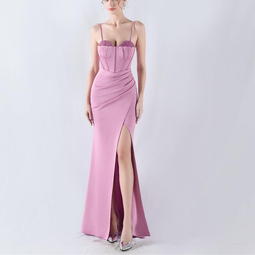 Women's Dress Boning Corset Waist Tight Water Ordering Bright Crystal Satin Host Annual Party Evening Dress