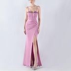 Women's Dress Boning Corset Waist Tight Water Ordering Bright Crystal Satin Host Annual Party Evening Dress