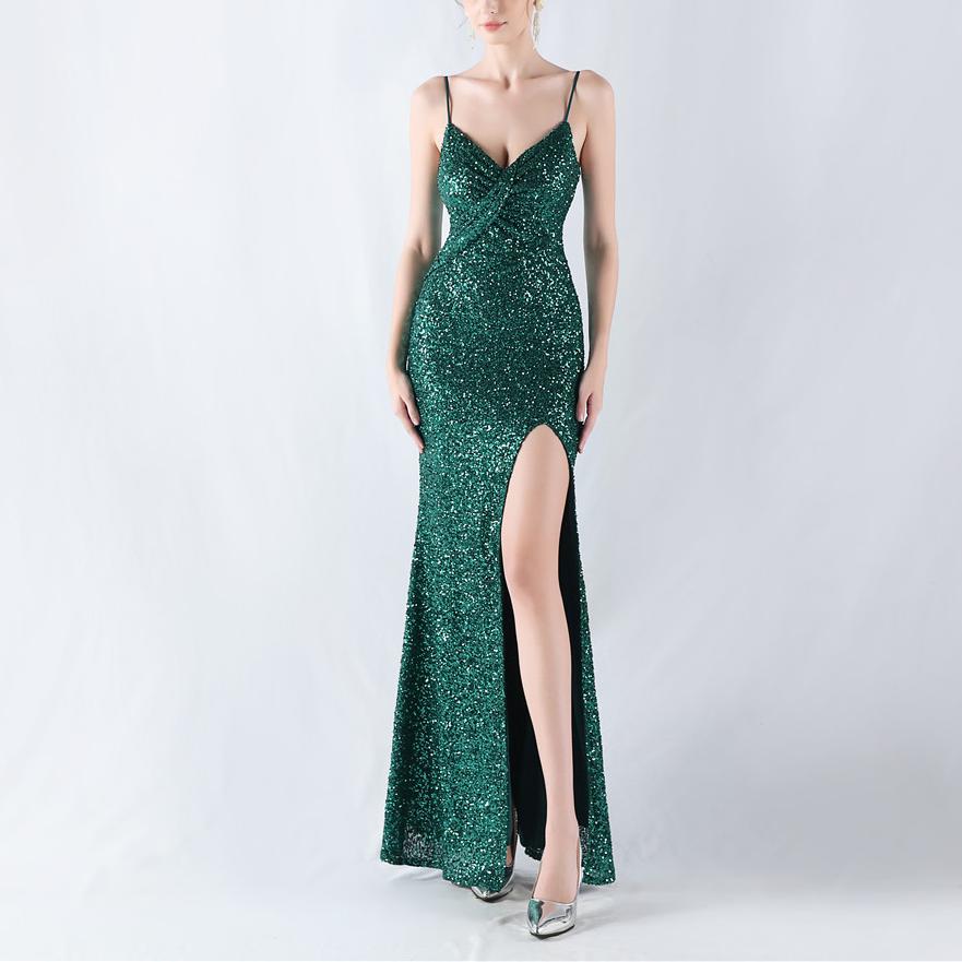 Encryption Sequin Sexy High Fork Strap Evening Dress