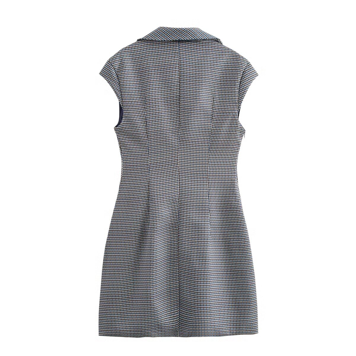 Winter Polo Collar Plaid Mini Sleeveless V Neckline Dress