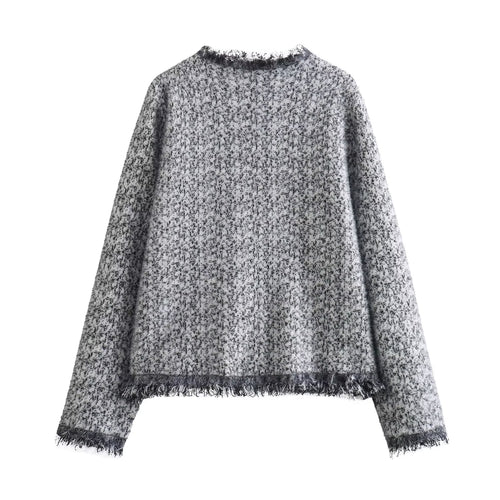 French Classic High Grade Diagonal Anti-Mink Heather Gray Round Neck Knitted Cardigan