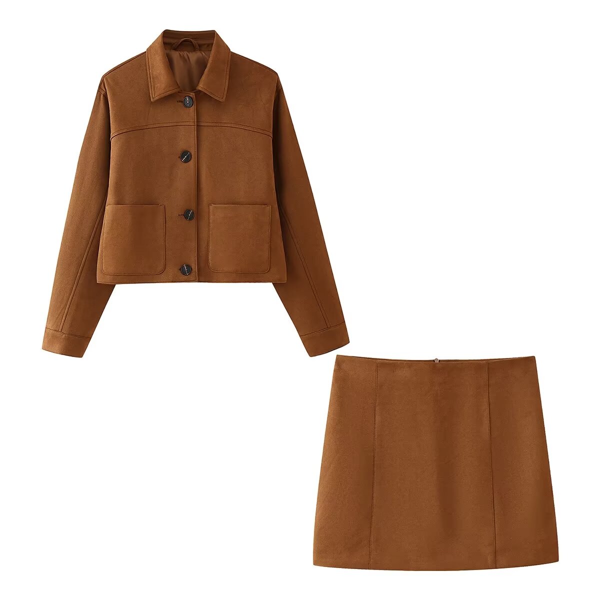 Women's Fall Simple Suede Fabric Jacket and Skirt Two-Piece Set