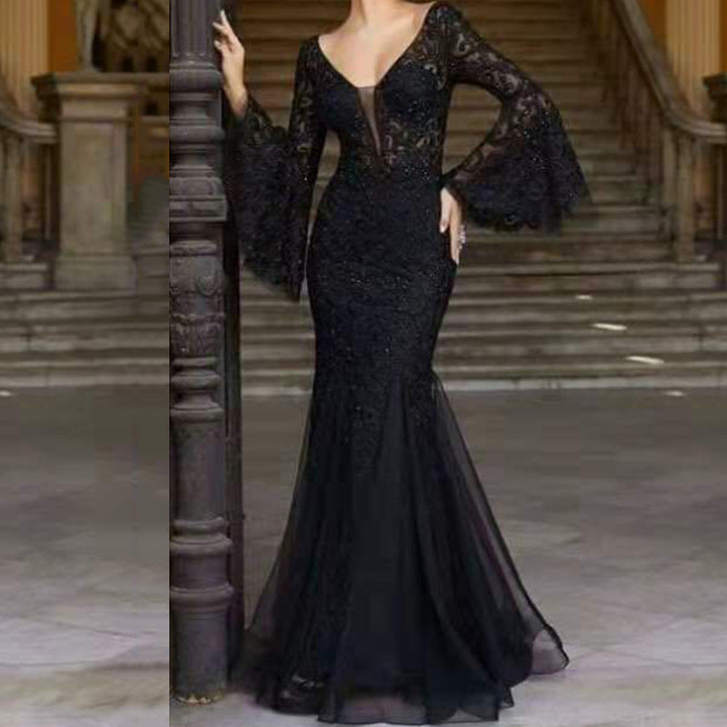 Women's V-Neck Lace Fishtail Evening Dress