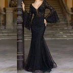 Women's V-Neck Lace Fishtail Evening Dress