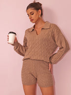 Retro Twist V neck Autumn Winter Loose Idle Pullover Set