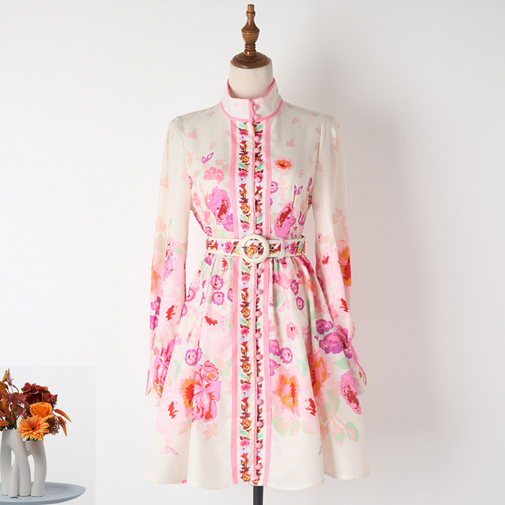 Printed Belt Short Long-Sleeve Dress